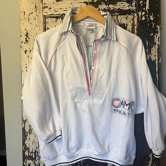 Vintage 90’s Camp Bee Bee Hills CAMP Half-Zip Sweatshirt with Striped Collar - Picture 1 of 11